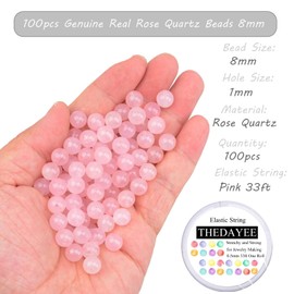 THEDAYEE 100pcs Natural Stone Beads 8mm Rose Quartz Gemstone Round Loose Beads for Jewelry Making Crafts Bracelets with Pink Stretch Cord