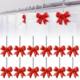 Yaocom 12 Pcs Red Bow Knot Shower Curtain Hooks Rustproof Metal Decorative Shower Hangers Bulk Glide Curtain Rings for Bathroom Bedroom Living Room Art Decor (Classic)