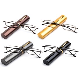 4 Pack Compact Reading Glasses in Aluminum Case Spring Hinged Metal Reading Glasses in Tube Portable Light Weight Reading Glasses 1.00
