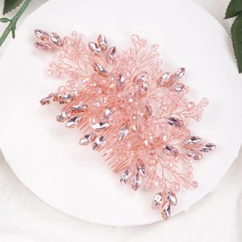 Teyglen Pink Crystal Rhinestone Wedding Hair Comb Shiny Crystal Beads Hair Piece Bridal Side Comb Hair Accessories Jewelry for Women Wedding Headpiece (Pink)