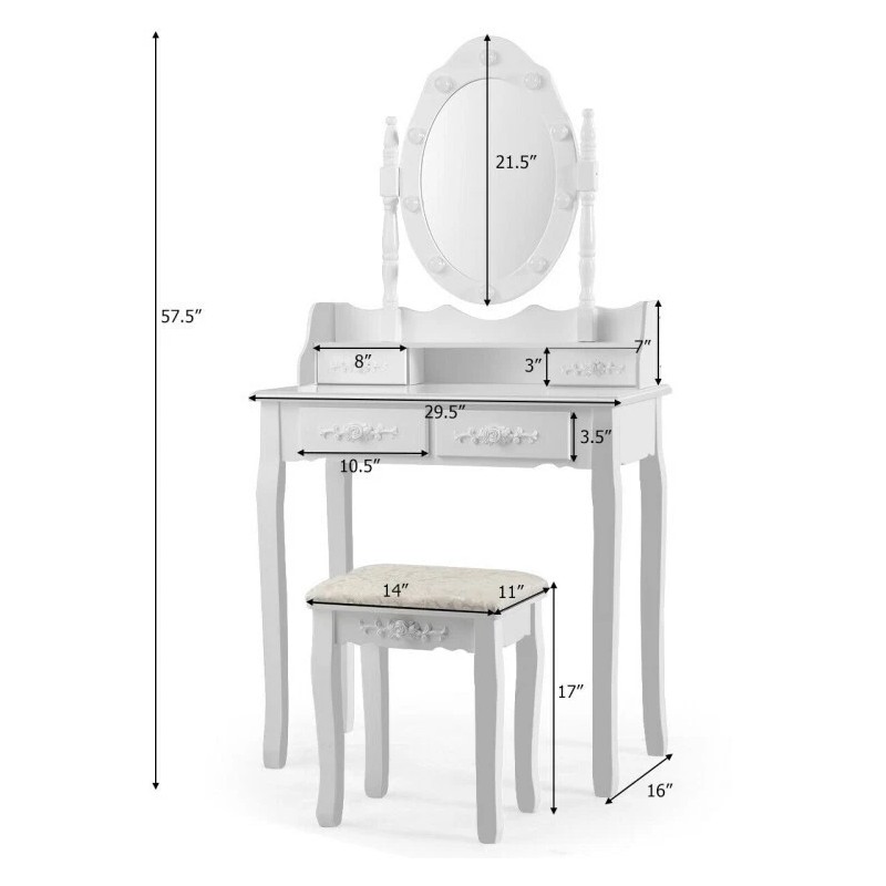Costway Modern Dressing Table Set Makeup Vanity Desk w/Dimmable Bulbs