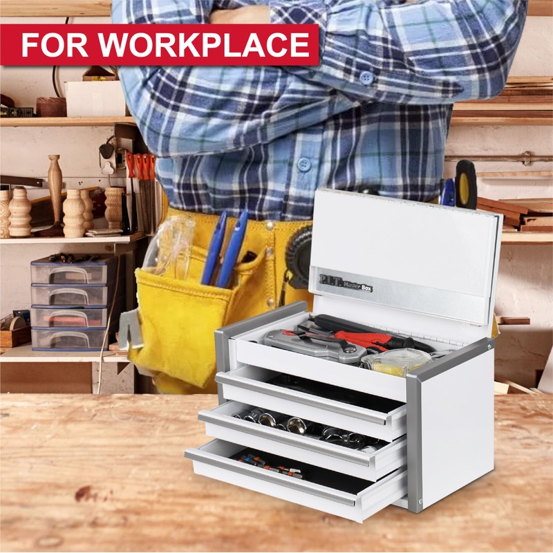 P.I.T. Mini White Tool Box, Portable 3 Drawer Steel Stackable