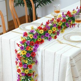 MEIVINES 2 Pack Artificial Flowers Garland Ivy,Spring Summer Decor UV Resistant Fake Daisy Vines Artificial Colorful Silk Flower Garland,Floral Garlands Decoration for Home (Red Yellow Purple, 2PCS)