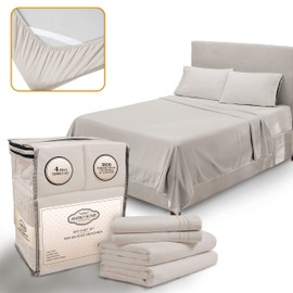 Abeero Home California King Sheet Sets - Luxury Hotel Bed Sheets - Soft Cooling Sheets with Elastic Corner Straps - Deep Pocket Microfiber - Bedding Sheets & Pillowcases -4 PC (Cal King Size, Beige)