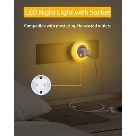 Bowfar Night Light Socket with Twilight Sensor, Amber LED Night Light Children Protect Socket, Socket Lamp with Light Sensor Brightness Adjustable for Hallway, Stairs, Bedroom, Children's Room