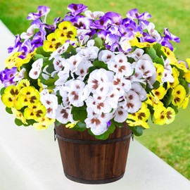 ASTRYAS 24 Pcs Artificial Outdoor Flowers, Faux Silk Pansy Plants for Outside UV Resistant Spring Pansies Flower for Home Planter Porch Patio Yard Decor (24, White/Purple/Yellow)