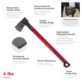 INTERTOOL 28” Splitting Axe, Wood Splitter Tool, Deeper Cuts, Chopping, Kindling, Camp, Survival, Shock Absorbing MAX Grip Handle, Sheath, Storm HT08-0297