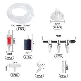 Aquarium Air Flow Control 24 in 1 Kit, including 3-Way Air Valve Distributors, 5M Airline Tube Hose, 3 Non-return Check Valves, 3 Air Bubble Stone, 10 Suction Cups & 6 Connectors for Fish Tank Pumps