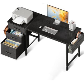 Casaottima 48" Small Computer Home Office Desk for Bedroom with Fabric Drawers & File Cabinet, Cloth Storage Bag and Hook, Writing Study Work Table for Small Space, Black