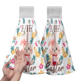 Cneztholim Easter Bunny Hanging Dish Towels 2 Pcs Easter Rabbit Soft Hand Tie Towels Spring Floral Kitchen Towel with Hanging Loop for Bathroom Kitchen Home Decor