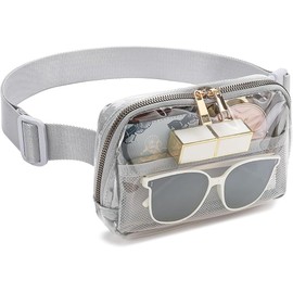 Clear Fanny Pack with Adjustable Belt, PVC Transparent Waist Bag, Silver Mesh Trim