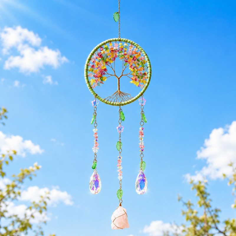 Tree of Life Crystal Suncatcher with Rose Quartz, Crystal Decor