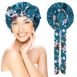 Silk Bonnet for Sleeping Satin Bonnet Hair Bonnet Hair Wrap for Bath, Shower Cap Tie Band for Women Girls Long Curly Hair Sleeping (Blue)