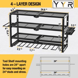 YYR 4 Layer Power Tool Organizer Wall Mount, Cordless Drill Hanger Storage Rack, Battery Tools Holder with Charging Station Shelf for Garage Organization, Workshop, Pegboard, Shed - 24 Inch 6 Slots