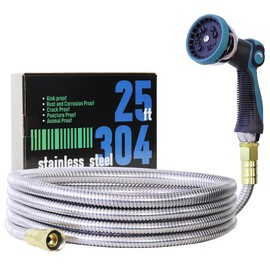 25FT 5/8'' Garden Hose, 304 Stainless Steel Water Hose, Flexible with a 10-Mode Nozzle Sprayer, No Kink, Lightweight, Puncture Proof Metal Hose, Ideal for Yard, Lawn, Outdoor