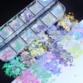 Mermaid Flakes Nail Glitter Sequins, GZMAYUEN Iridescent Ice Slag Colourful Fluorescent Glass Paper, Nail Stickers, Holographic Nail Glitter for Makeup, DIY Nails