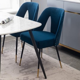 P PURLOVE Modern Velvet Accent Chair, Side Chair with Nailheads and Gold Tipped Black Metal Legs for Club, Bedroom, Living Room, Meeting Room, Office, Study, Set of 2 (Blue)