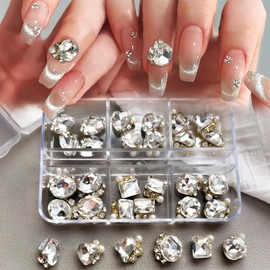 Sucodver Nail Parts, Stones, Large Nail Stones, Set of 24, Jewels, Crystal, 3D, Square, Heart, Sparkling, Nail Deco Parts, Case Included