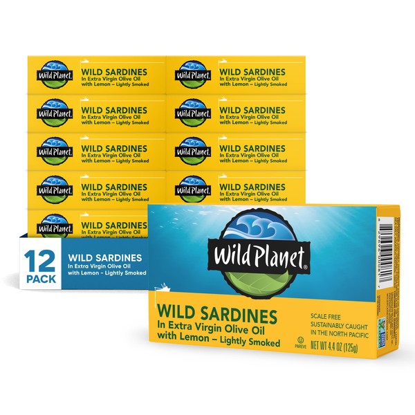 Wild Planet Wild Sardines in Extra Virgin Olive Oil With Lemon, Lightly Smoked, Tinned Fish, 4.4 Ounce (Pack of 12)