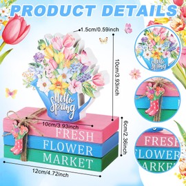 Spring Table Decorations Hello Spring Wooden Signs Flower Book Stack Decor Farmhouse Tabletop Centerpieces Easter Decor for Home Table Kitchen Shelf Tiered Tray