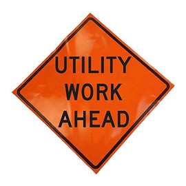 36" Non Reflective Fluorescent Vinyl Orange Roll-Up Warning Sign. Legend: UTILITY WORK AHEAD W21-7