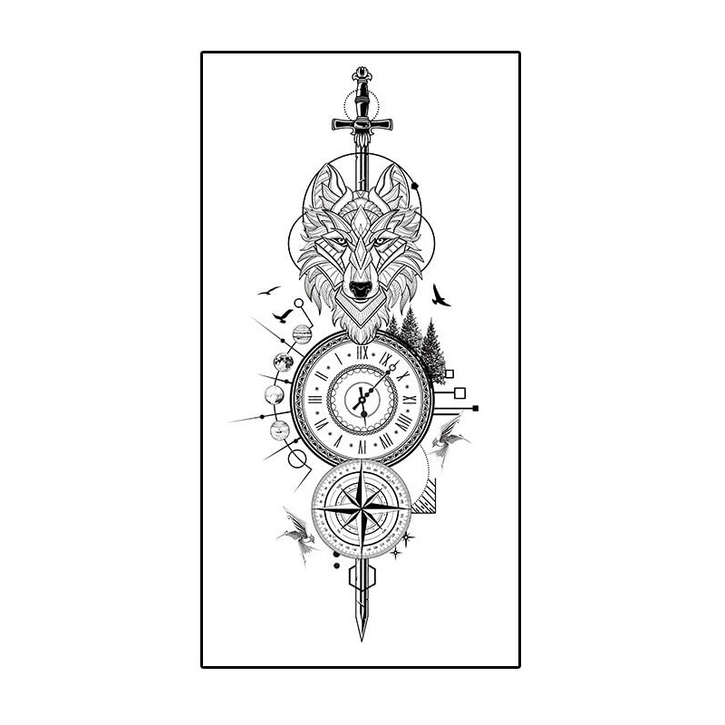 2 Sheets Temporary Lion Tattoo Wolf Tattoo Compass Tattoo Eagle