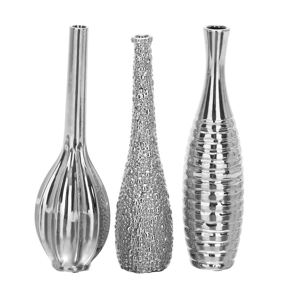 Deco 79 Ceramic Bud Vase with Varying Patterns, Set of 3 3"W, 12"H, Silver