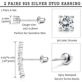 Sllaiss 2 Pairs Sterling Silver CZ Cartilage Stud Earrings Set for Women White Gold Plated Climber Helix Conch Daith Piercing with Screw Back (Silver)