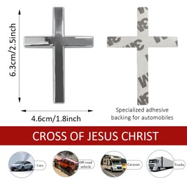 HQRNYP 2PCS Metal Jesus Christ Cross Badge Stickers, Cross Decal, 2.5"×1.8" 3D Jesus Christ Car Emblem Badge Decal, Self Adhesive Scratch Covering Metal Emblem Decals Fit Car Body Fender Tail (Silver)