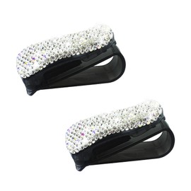 UHANBUT 2PCS Bling Sunglass Holder for Car Sun Visor, Crystal Rhinestone Car Eyeglasses Hanger Mount with Ticket Card Clip, Fashion Auto Visor Decoration Accessories for Women Girls (White)