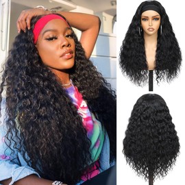 VITALITY Headband Wig Human Hair Italian Wavy 26 Inch Human Hair Headband Wig Glueless Curly Wigs With Drawstring Wigs 180% None Lace Front Wigs For Black Women Natural Black
