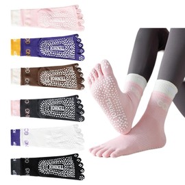 MACEFIL 6 Pairs Toe Socks Pilates Socks with Grips for Women Non Slip Socks for Women Grippy Socks Crew Socks Yoga Socks