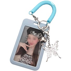 WAYUTO Butterfly Pendant Kpop Photocard Holder with Key Ring Kpop Photocard Sleeve with Spring Wristlet Kpop Photocard Protector for Kpop Lovers Blue