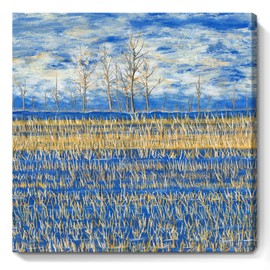 Bathroom Wall Art Rustic Rural Landscape Abstract Golden Wheat Field Blue Sky Nature Wilderness Picture Birch Tree Canvas Print Country Road Botanical Painting Modern Farmhouse Artwork 14x14inch