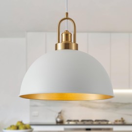 Febeleven 15.74" Industrial White Large Pendant Light Matte Finish Metal Light Fixture Farmhouse Hanging Light for Kitchen Island Dining Room Hallway