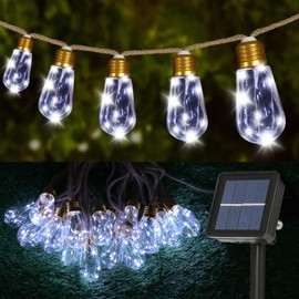 Solar Outdoor String Lights 24FT Vintage Rope Hemp Solar Lights with 20 Shatterproof Bulbs,8 Modes Solar Powered String Lights with Memory Function, Waterproof for Fence,Balcony,Camping,Café(White)