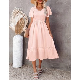 MEROKEETY Women's 2024 Summer Ruffle Sleeve V Neck Pleated Smocked Midi Dress with Pockets, Pink, S