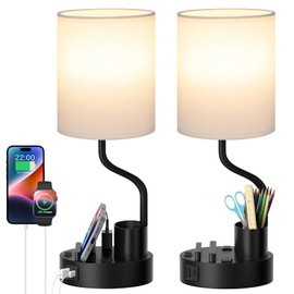 White Bedside Table Lamps for Bedroom Set of 2 - Nightstand Light with AC Outlet and USB A & C for Charging, 3 Color Temperatures Desk Lamp with Pen Holder & Phone Stand for Living Room/Dorm/Office
