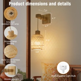 Weaboopre Boho Battery Operated Wall Sconce with Remote, Bamboo Lantern Wall Sconces Set of Two, 15 Colors Dimmable Rechargeable Wireless Wall Lights for Bedroom, Living Room Wall Decor