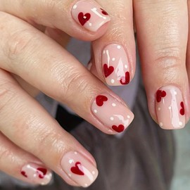 Red Heart Press on Nails Nude Short Square Fake Nails Stick on Nails Heart White Wave Point False Nails Full Cover Artificial for Women Girls Romantic Manicure Art Decoration 24pcs