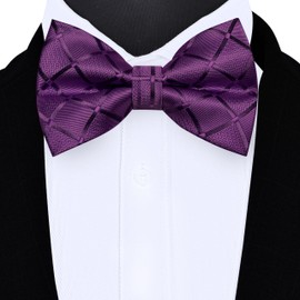 GUSLESON Dark Purple Bow Tie Pocket Square Set for Wedding Pre-Tied Plaid Purple Bowties Handkerchief Cufflinks for Men (0494-20)