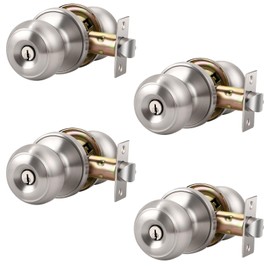 KNOBWELL 4 Pack Brushed Nickel Door Knob with Lock and Key, Keyed Alike, Exterior Keyed Door Knobs Lock with Same Keys in Solid Stainless Steel for Entrance and Front Door, Round Ball Handle