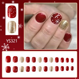 Christmas Press on Nails Short Square Red Fake Nails With Snowflake Designs Xmas Gold Glitter False Nails Glossy Full Cover Stick on Nails Acrylic Winter Artificial Nails for Women Glue on Nails