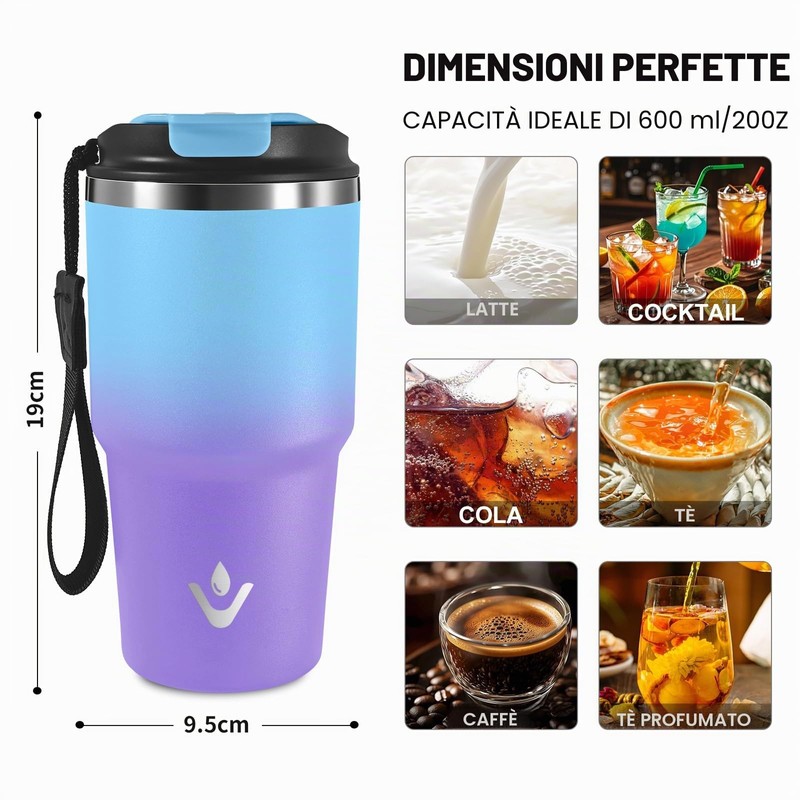 Bicchiere Termico 600ml 20oz, Tazza Termica con Doble Pared Reutilizable,