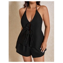 SOLY HUX Women's Plus Size Beach Vacation Clothes Tie Front Halter Top and Shorts 2 Piece Set Summer Outfits Plain Black Large Plus