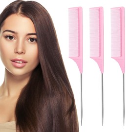 GENC BÉAUTY 3pcs Rat Tail Combs Parting Comb, Comb Set for Teasing, Brushing, Styling, Detangling, Grooming with Stainless Steel Pintail (Pink)
