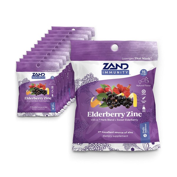 Zand HerbaLozenge Elderberry Zinc, Good-for-You Lozenges for Dry Throats, No Corn Syrup, No Cane Sugar, No Colors 80ct (12 Bags, 15 Lozenges)