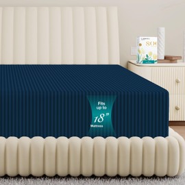 Carressa Linen 100% Egyptian Cotton Deep Pocket Twin Striped Fitted Sheet Only - 800 Thread Count Luxury Damask Fitted Sheet, Soft, Cooling Bottom Sheet, Fits Mattress Upto 18 in - Navy Blue Stripe