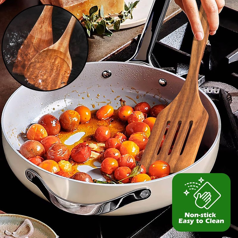 Natural Teak Kitchen Cooking Utensil Set with Holder, Wooden Spoons