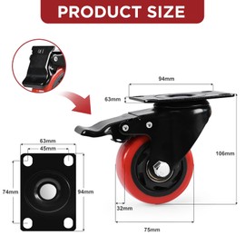 Caster Wheels, Heavy Duty 3 Inch Casters Set of 6, Locking Swivel Casters Wheels for Cart, Furniture and Workbench, Red